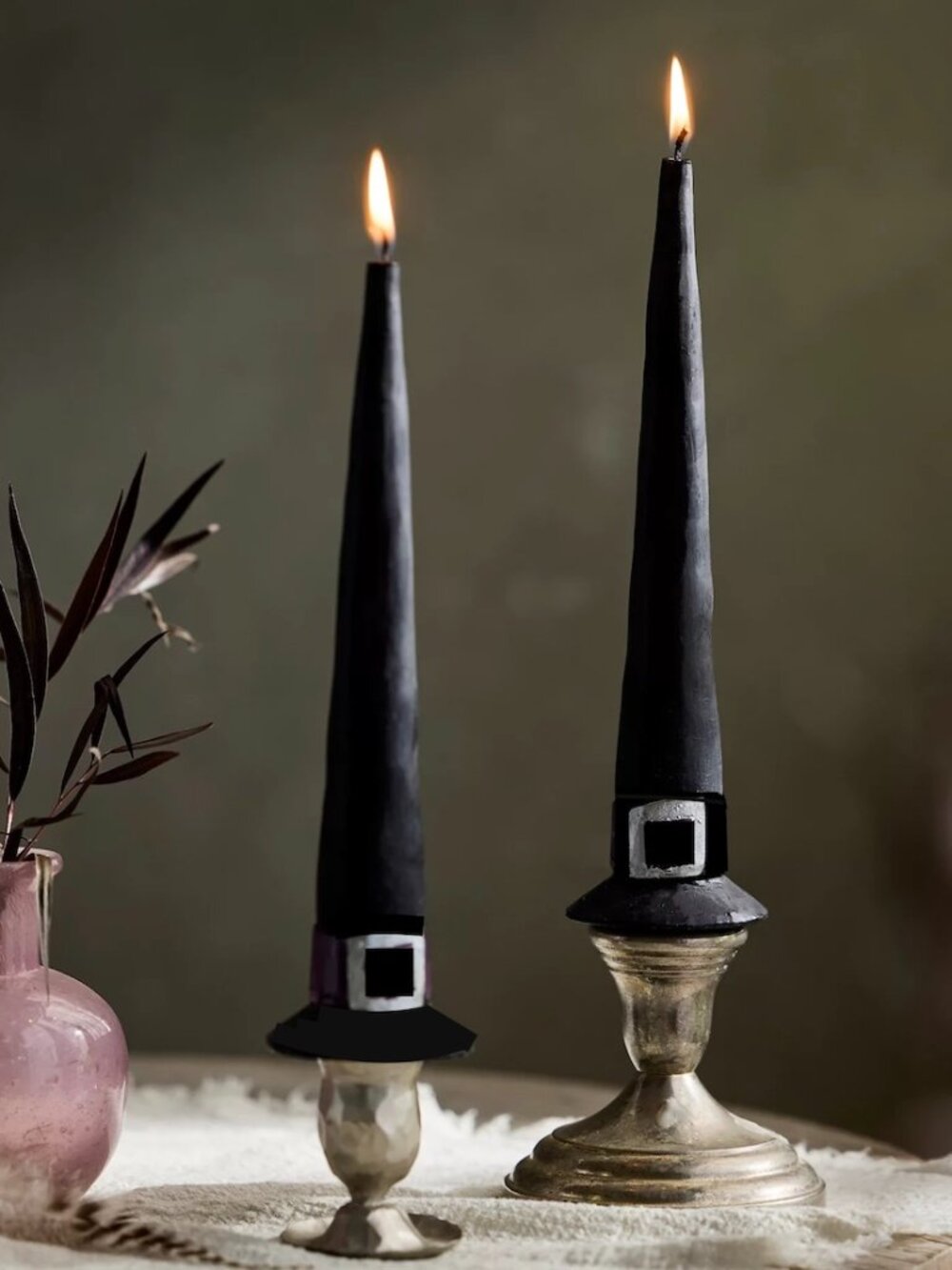 Sur La Table Witch Hat Taper Candles Set of 2 Black w Glitter Hat Buckle